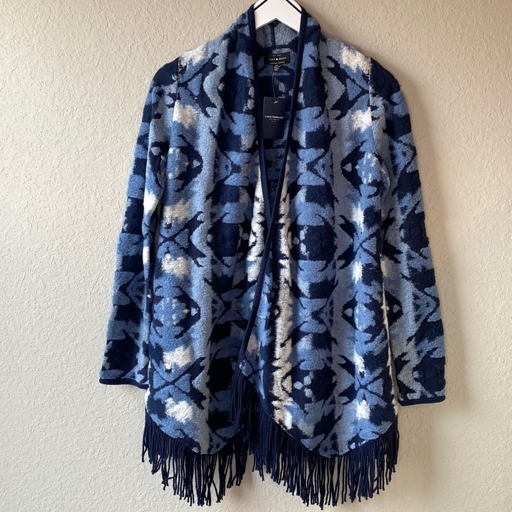 NWT Lucky Brand Aztec Print Blanket Fringe‎ Flyaway Cardigan Sweater Size Small